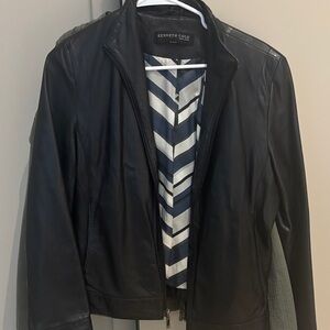 Kenneth Cole Black Leather Jacket with Chevron Lining